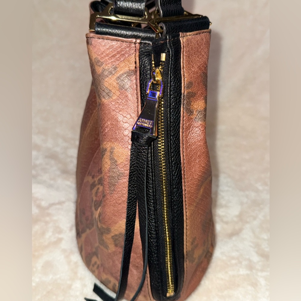 Aimee Kestenberg Leather Shoulder Bag Black Brown Snakeskin Tote Gold Hardware - Picture 6 of 16